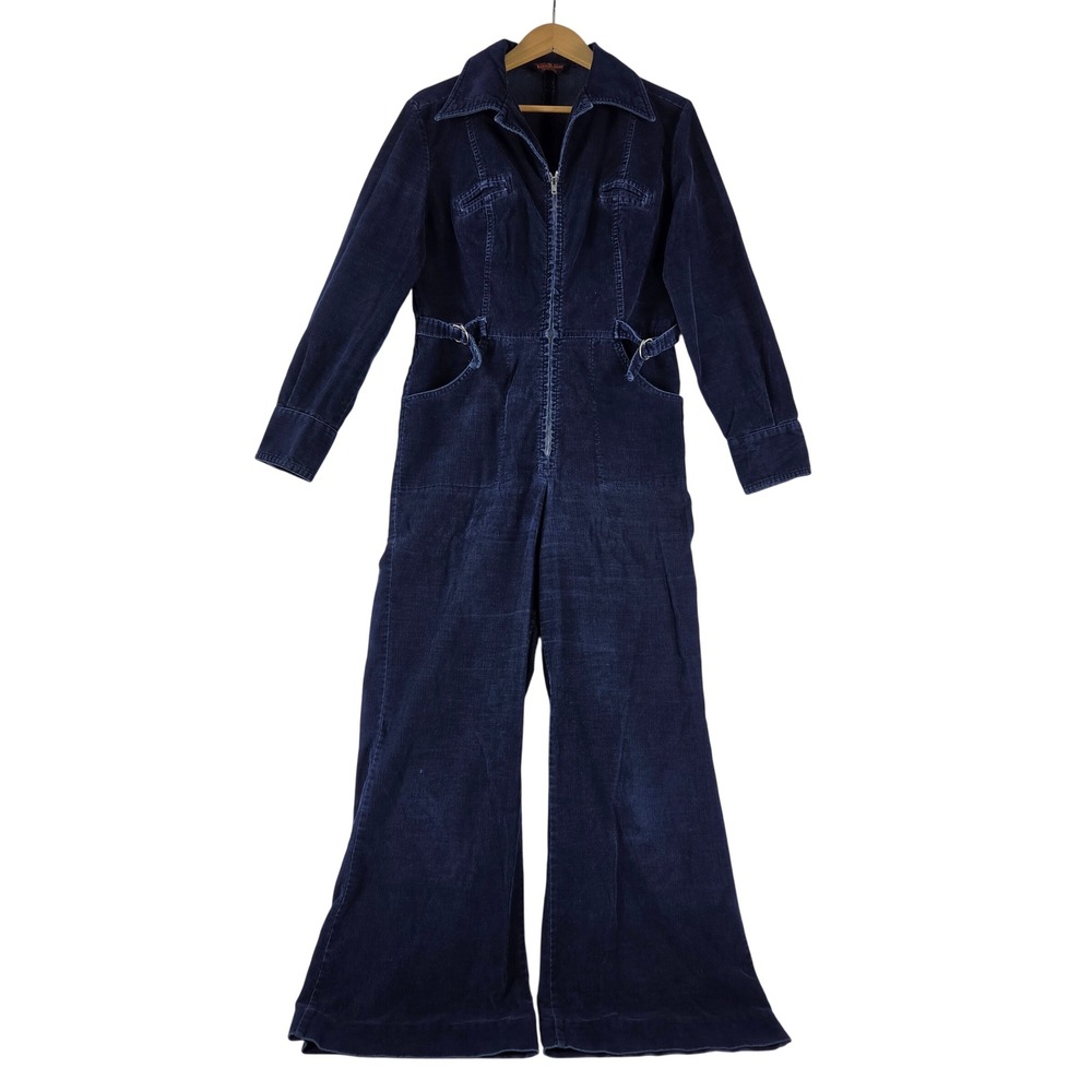 Vintage Rare Landlubber Navy Blue Corduroy Jumpsuit WideLeg Flare 70s LongSleeve